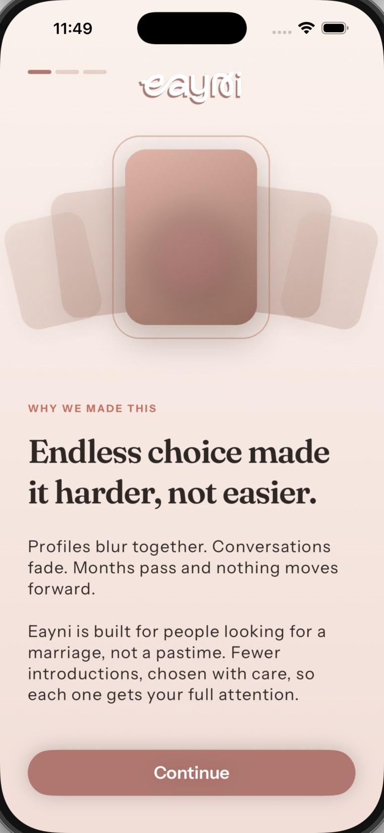 Eayni app — the onboarding screen explaining why Eayni exists